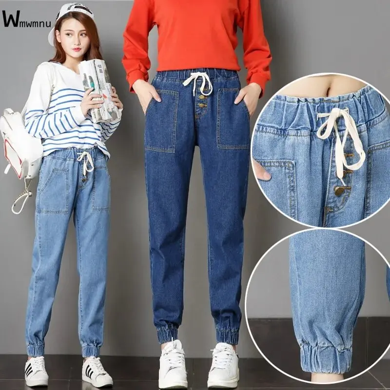 

2022 Winter Snow Plus Velvet Harem Vaqueros Blue Thicken Elastic High Waist Denim Pants Casual Drawstring Warm Jeans Women