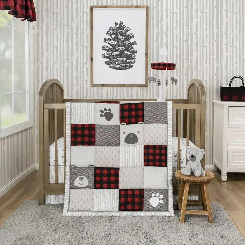 

Up North 4 Piece Crib Bedding Set by . Red, Black and Gray Patchwork Check.