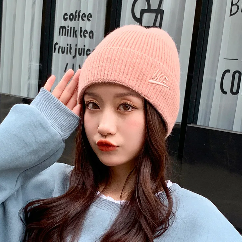 

2022New Women's Autumn and Winter Knitted Alphabet Embroidery Fashion Flanging Dome Sleeve Cap Outdoor Warm Woolen Hat