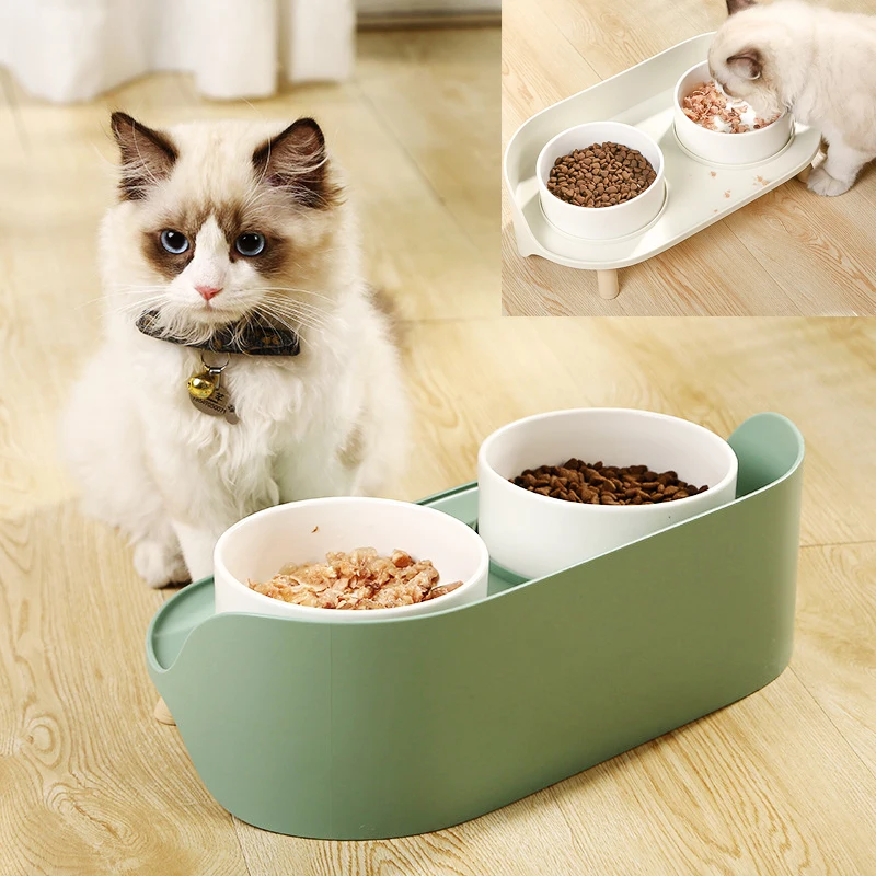 

Raised Ceramic Cat Bowls with Stand - Cute Elevated Dog Dish - Personalized Double Pet Feeder Set for Food and Water Feeding