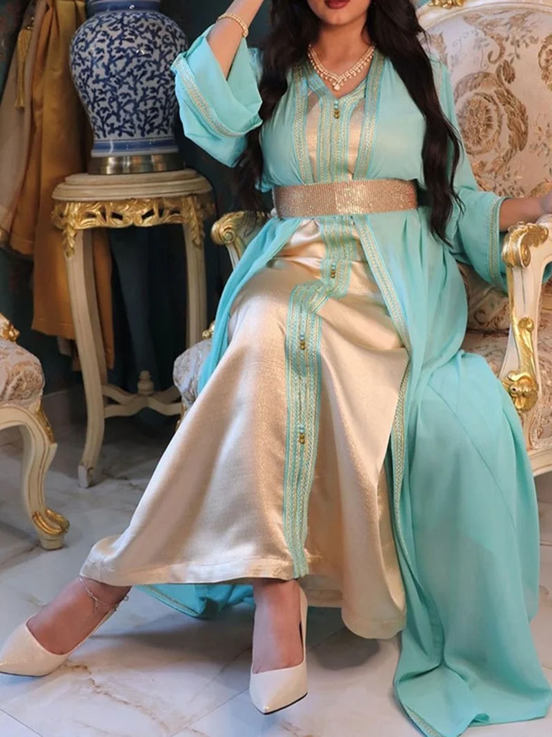 Kaftan Moroccan Woman Muslim Sets Rhinestone Belted Chiffon Long Robe Dubai Arab Outfit Kimono Open Abaya And Vest Dresses