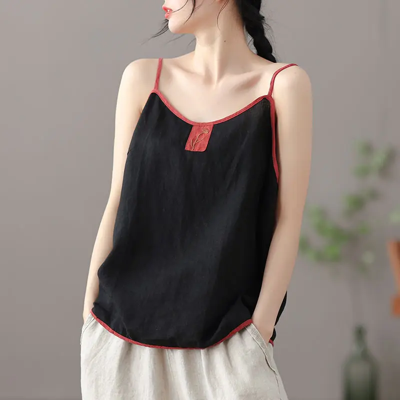 Women Cotton Linen Tanks & Camis Vintage Harajuku Chic Tops Lady Embroidered Vest Sleeveless Bottoming Sling Camis images - 6