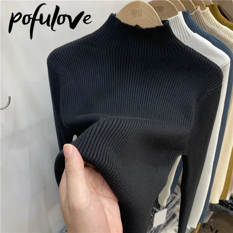 

Slim Half Turtleneck Knitted Sweater Women Solid Color Thin Korean Pullover Thread Long Sleeve Basic Sweater Autumn and Winter
