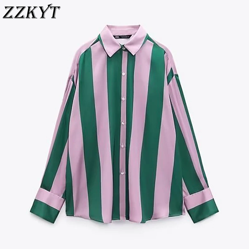 

Блузка женская в полоску с отложным воротником и длинными рукавами