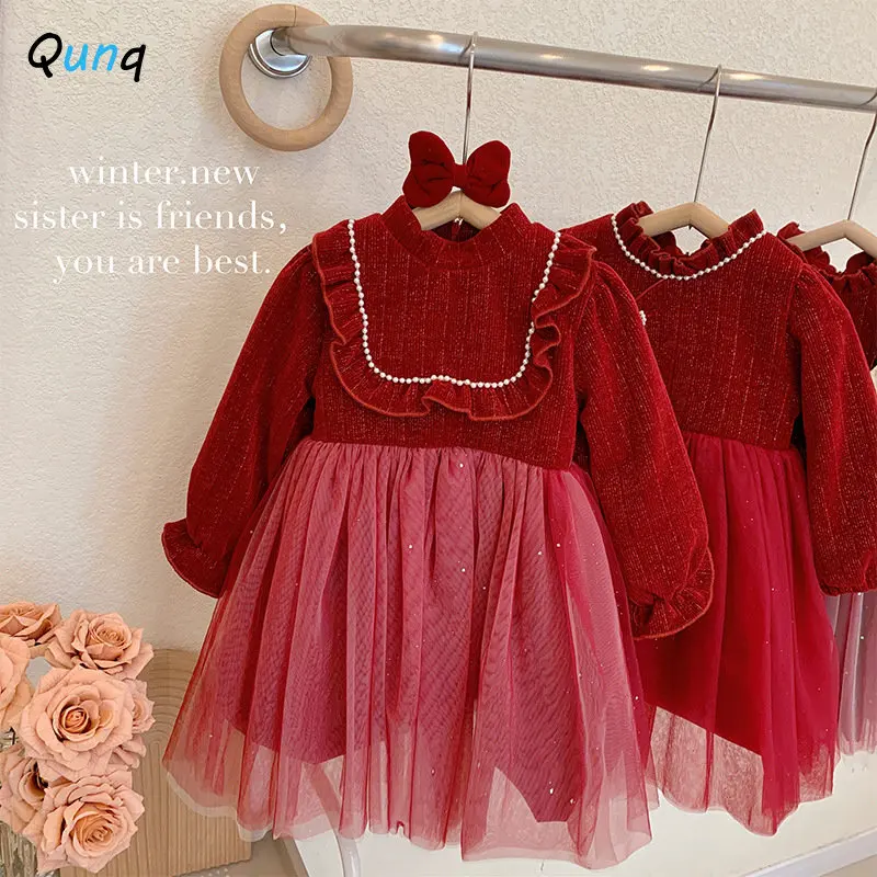 

Qunq Girls Christmas Dress Long Sleeve Half High Collar Lace Splicing Thicken Princess Dresses Casual Kids Clouthes Age 3T-8T