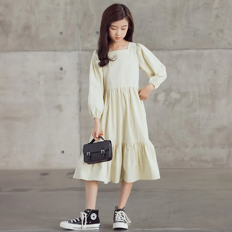 

2022 Spring Teen Girls Cotton Princess Dress Fashionable Square Collar Children Pleated Dress Baby Kids Cute Clothing A511