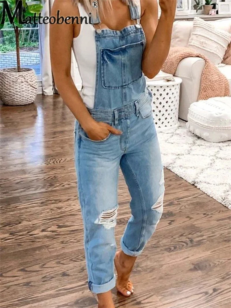 Fashion Broken Holes Straight Jeans Splicing Pocket Strap Pants Women's Street Casual Versatile Basic Jumpsuit Female Rompers 23