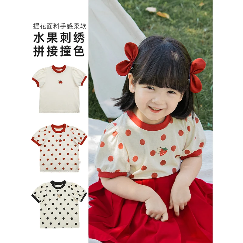 

Girls Cute Contrasting Color Edging T-Shirt Baby Summer Fruit Polka Dot Short-Sleeved Children's Elastic Comfortable Top