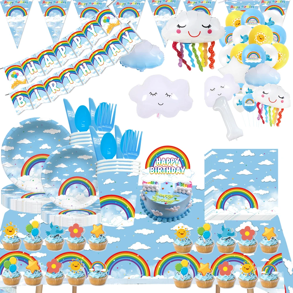 

Blue Sky White Rainbow Party Supplies Blue Sky White Plates Napkins Tablecloth for the Blue Sky White Clouds Birthday party deco