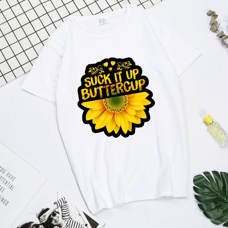 

SUCK IT UP BUTTERCUP Letter Sunflower Print T Shirt Women Short Sleeve O Neck Loose Tshirt Summer Women Tee Shirt Tops Mujer