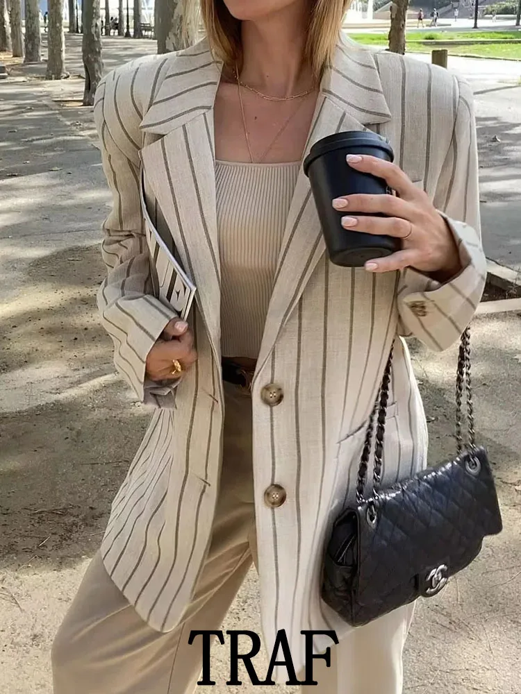 

TRAF 2023 Women Striped Straight Blazer Jacket Coats Fashion Long Sleeve Single Breasted Vintage Spring Causal Commute Tops