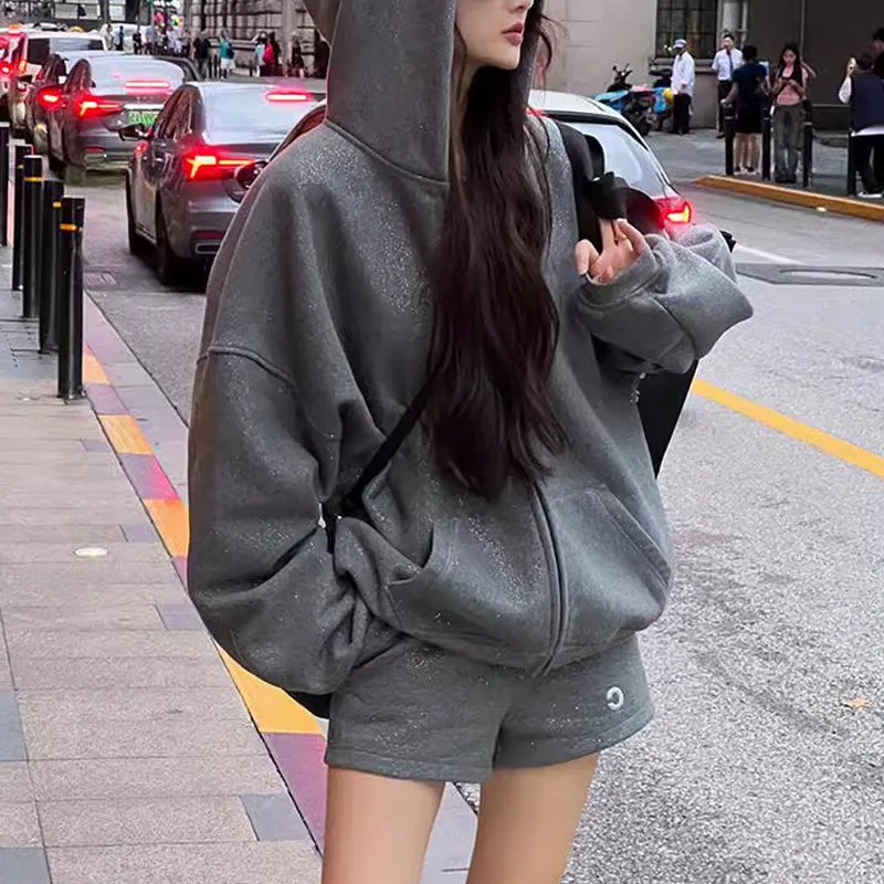 

Autumn New Women's Sweatshirt Grey Galaxy Fine Flash Hooded Padded Models Twinkling Spots