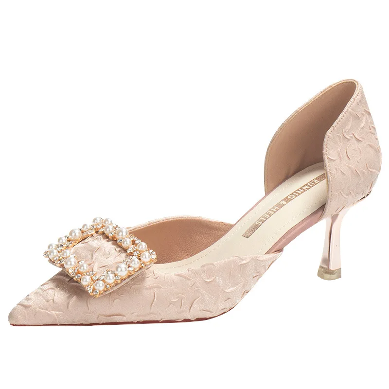 High Heeled Shoes Lady Spring and Summer 2022 New Pearl Square Buckle Sexy Hollow Fairy Trend Single Shoes