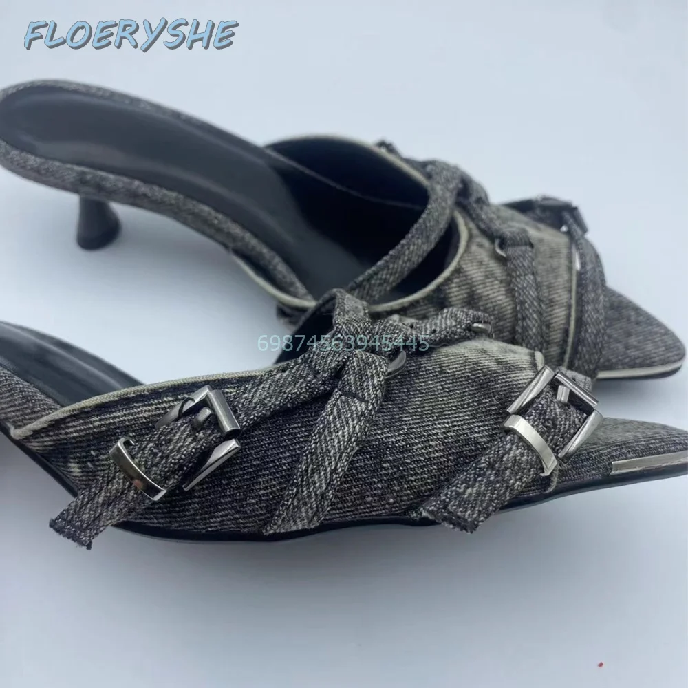 Женские ковбойские шлепанцы черные или синие с острым носком на тонком каблуке