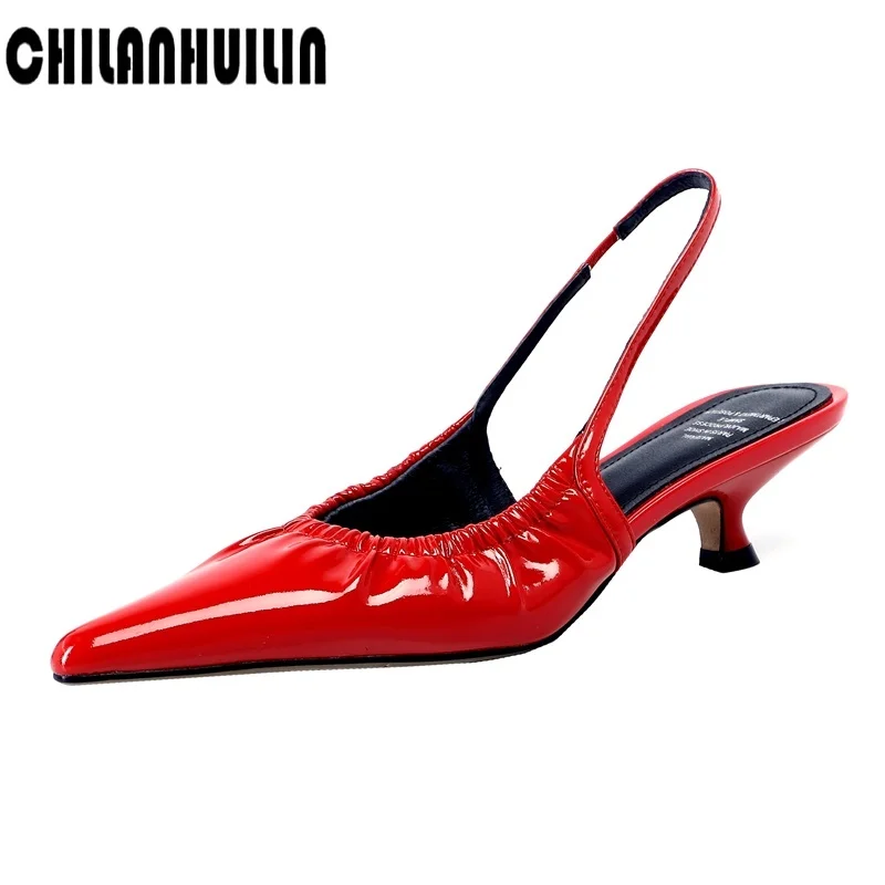 

classic summer shoes woman sandals spike high heel mules slip-on Pleated patent leather pointed toe red party dress shoes pumps