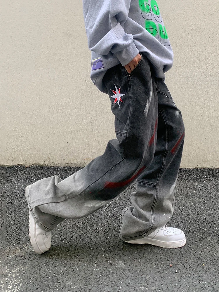 Four Seasons Men Jeans High Street Graffiti Embroidery Gradient Loose Versatile Straight Casual Pants Fashion Hip Hop Streetwear