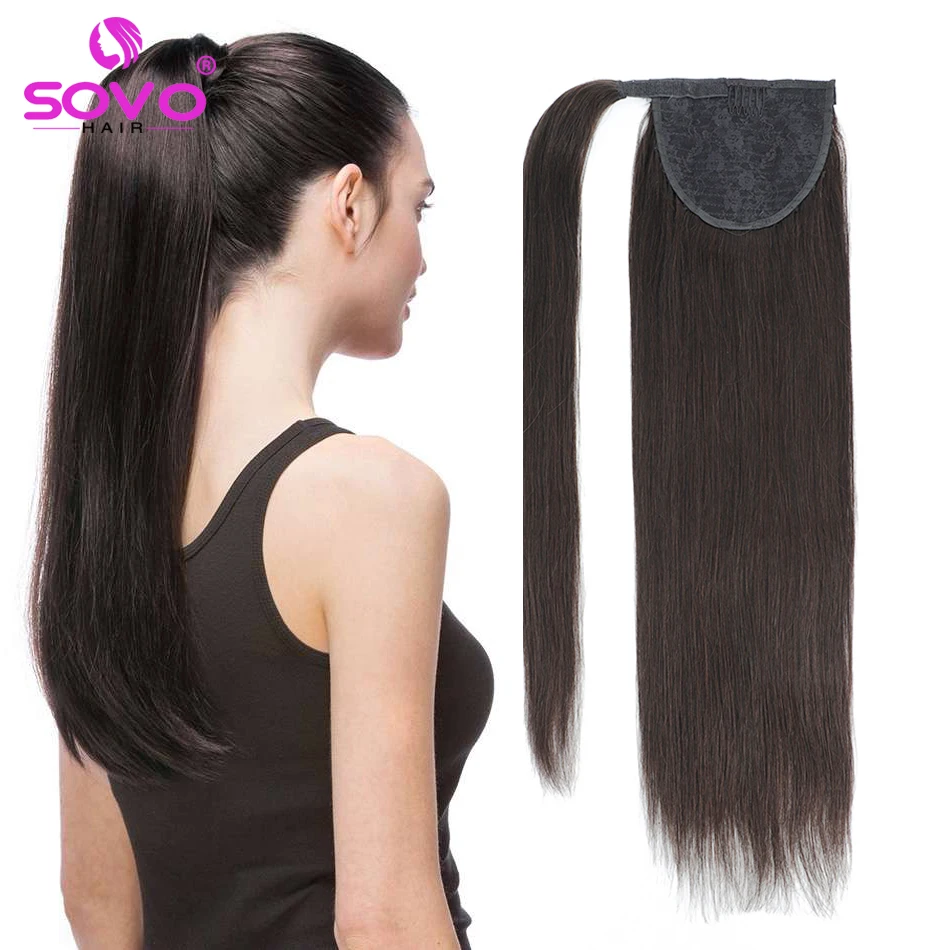 160G Heavy Long Straight Human Hair Ponytail Wrap Around Ponytail Clip in Hair Extensions Natural Blonde European Remy Hairpiece