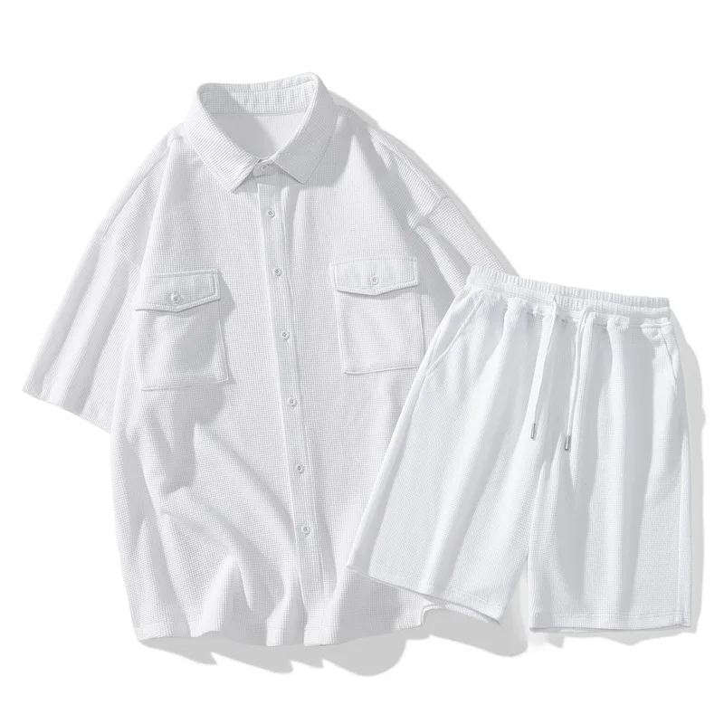 Summer green short-sleeved shirt suit men's trend casual shirt 2023 new tide brand plankton men's two-piece set