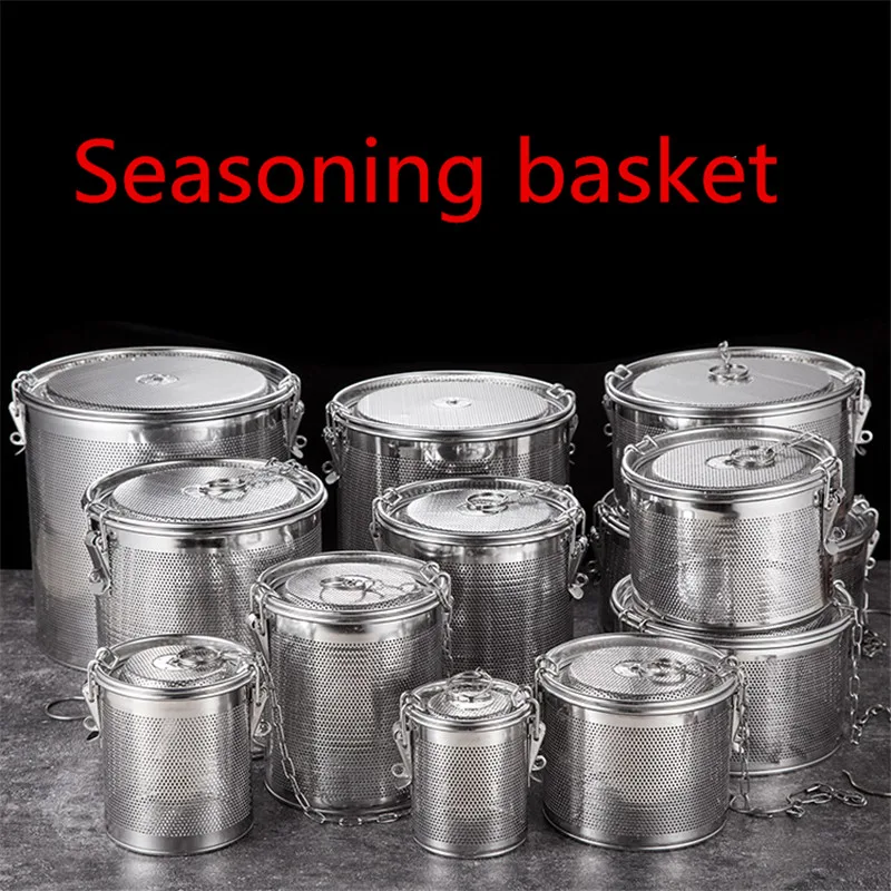 

Round hole 304 Stainless Steel Seasoning Bag Gravy Soup Taste Spice Box Basket Brine Hot Pot Slag Separation Colander Strainers
