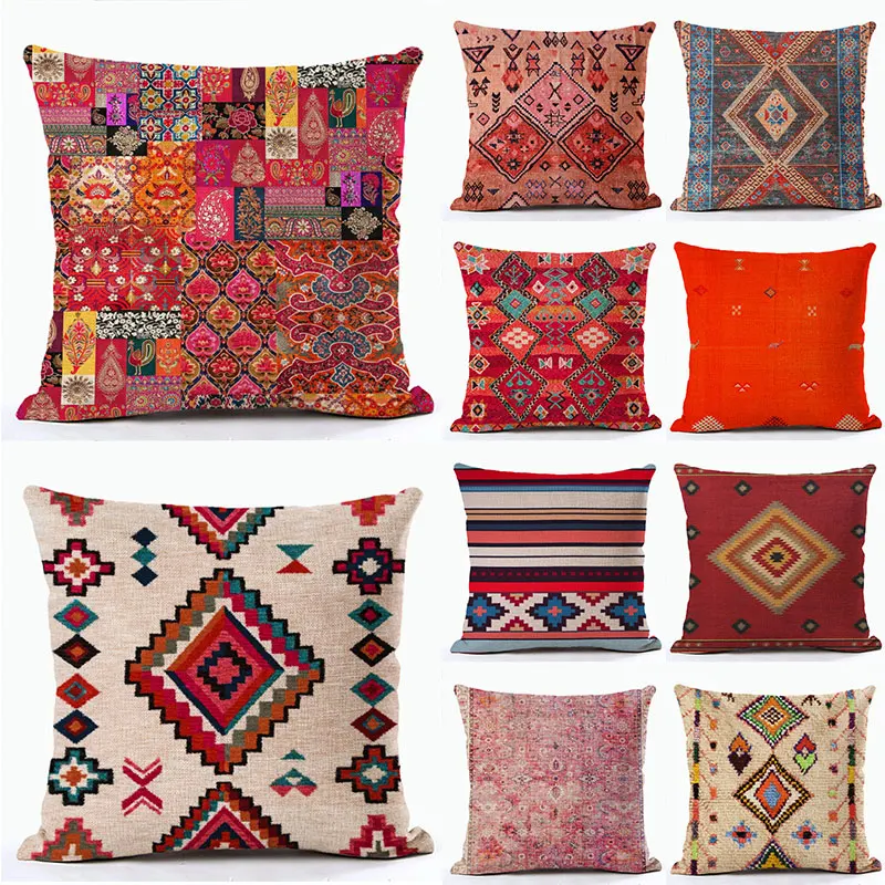 

Boho Style Pillowcase Peach Skin Square Print Cushion Cover Ethnic Sofa Cushion Living Room Sofa Decoration Comfortable Soft