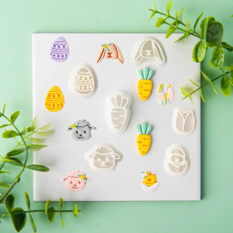 

Easter Day Cookie Mold Cute Rabbit Egg Chick Flower Sheep Cross Polymer Clay Cutters Animal Clay Mold for Jewelry Making Tools