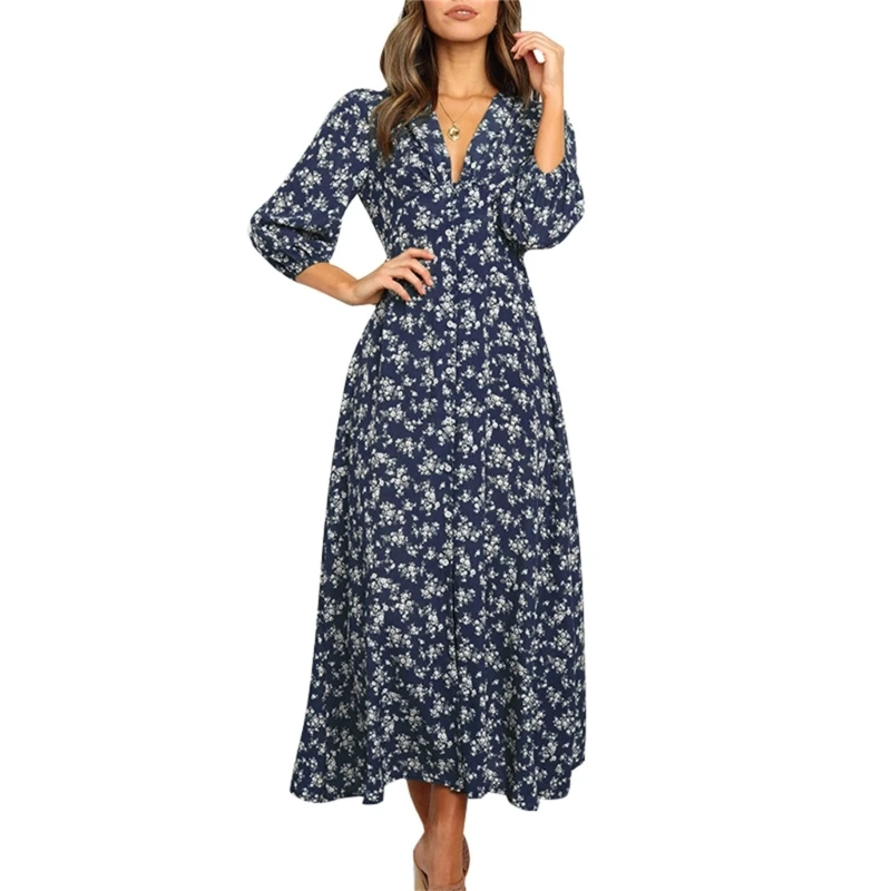 

Women Bohemian Floral Printed Puff Long Sleeve Maxi Dress V-Neck Button Down High Waist Flowy A-Line Beach Party Dresses A5KE