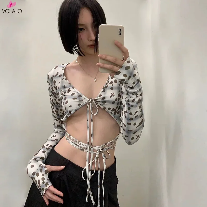 

VOLALO Korean Fashion Bandage Crop Tops Grunge Sexy Slim T-shirt V-neck Japanese Irregular Tee Shirt Chic Y2k Tops Streetwear