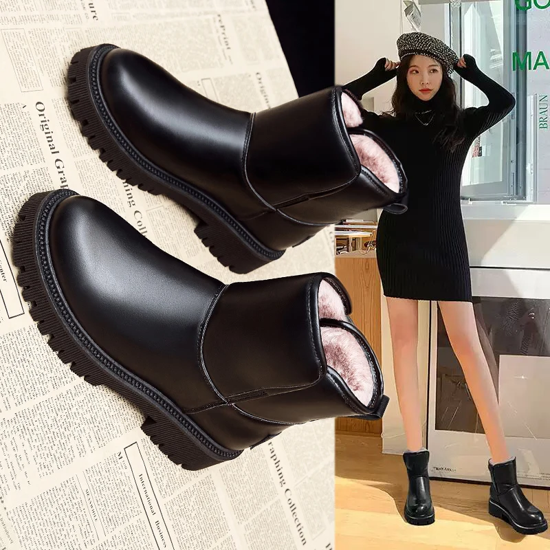 Leather and Fur Shoes for Women Waterproof Black Women's Snow Boots Furry Winter 2023 Shoe Padded Footwear Boot Booties on Sale