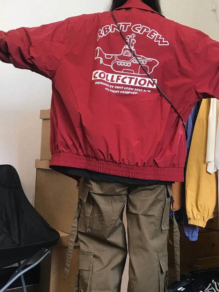 

Красная куртка-бомбер HOUZHOU в стиле Харадзюку, Женская винтажная уличная одежда Y2K, куртка оверсайз, Женская Корейская куртка на молнии в стил...