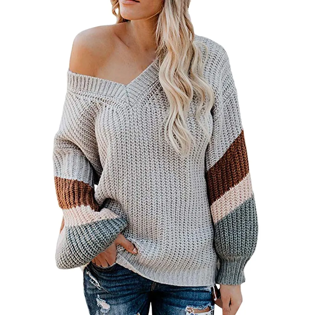 

Women'S V Neck Long Sleeve Striped Colorblock Knitted Chunky Pullover Sweater Top Women Fashion Blouse 2023 T Shirt For Women