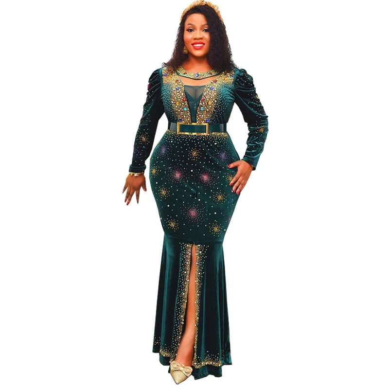 

Velvet Maxi Dresses 2022 African Women Vintage Long Sleeve Sexy High Slit Party Bodycon Dress Casual Vestido Oversize Robe Femme
