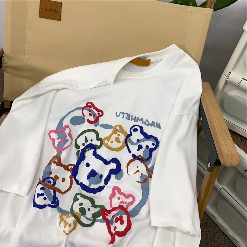 Футболка женская с коротким рукавом милая Свободная рубашка принтом медведя в