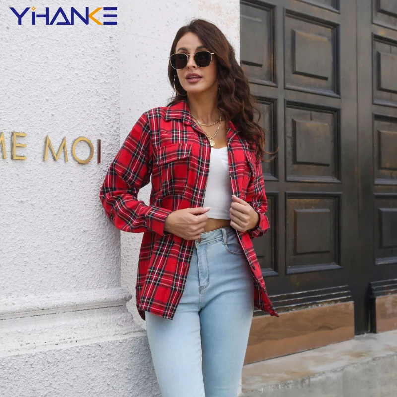 Women's Shirt Plaid Fairy Grunge Brown Top Vintage Oversized Plaid Flannel Boyfriend Tunic Shirt for Women Casual Korean Tops