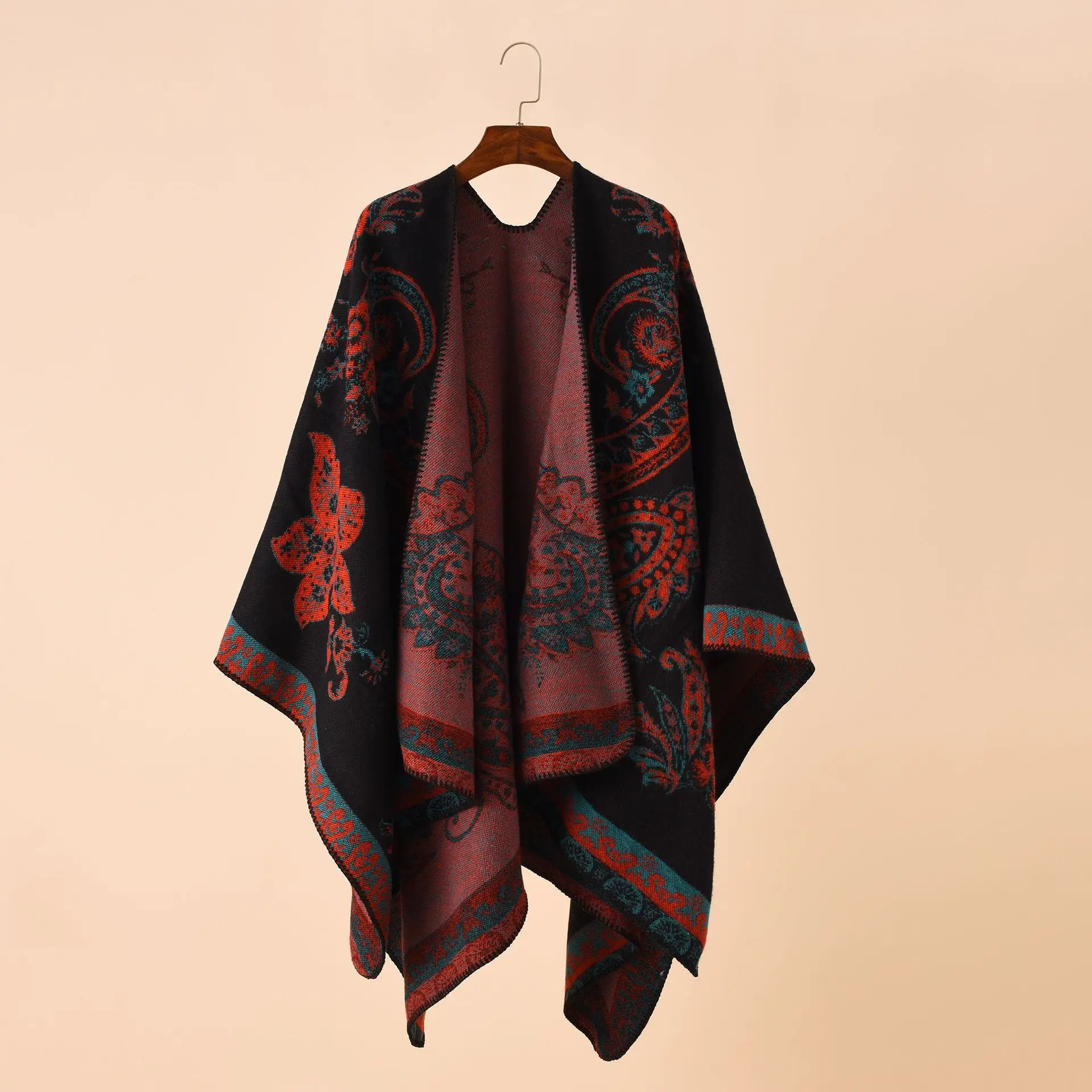 2022 Autumn Winter New Street Geometric Lattice Flower Pattern Imitation Cashmere Warm Shawl Cloak Women Poncho Capes Black