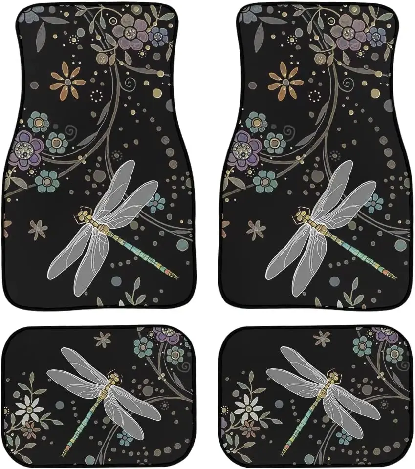 

Kuiaobaty Floral Dragonfly Print Car Floor Mat Vintage Black Carpet Anti-Slip Rubber Mat Pack of 4 Auto Accessiores for Car SUV