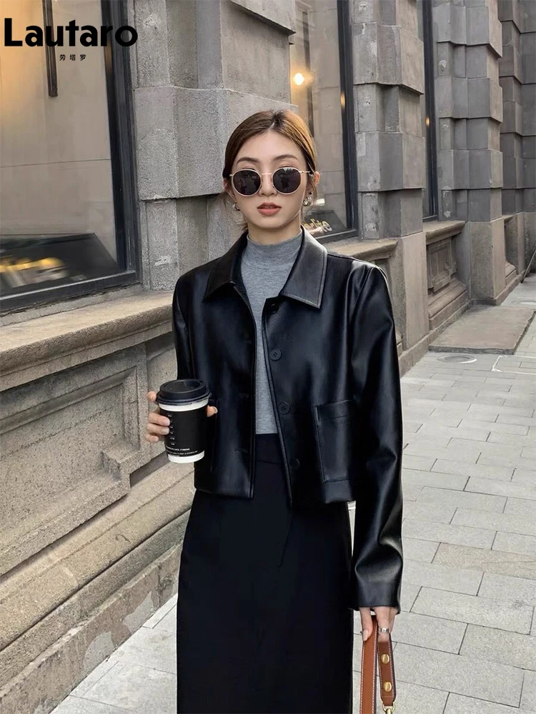 

Lautaro Spring Autumn Loose Casual Short Retro Black Brown Soft Faux Leather Jackets for Women Long Sleeve Korean Fashion 2022