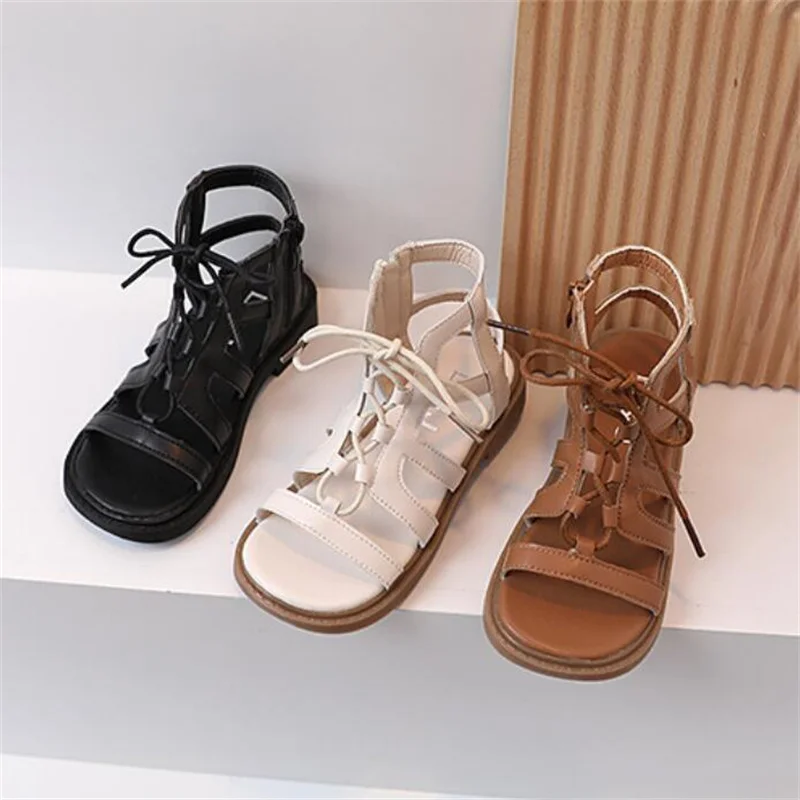 

2022 Summer New Girls Roman Sandals Fashion Princess High-top Open-toe Soft bottom non-slip middle school children's beach shoes