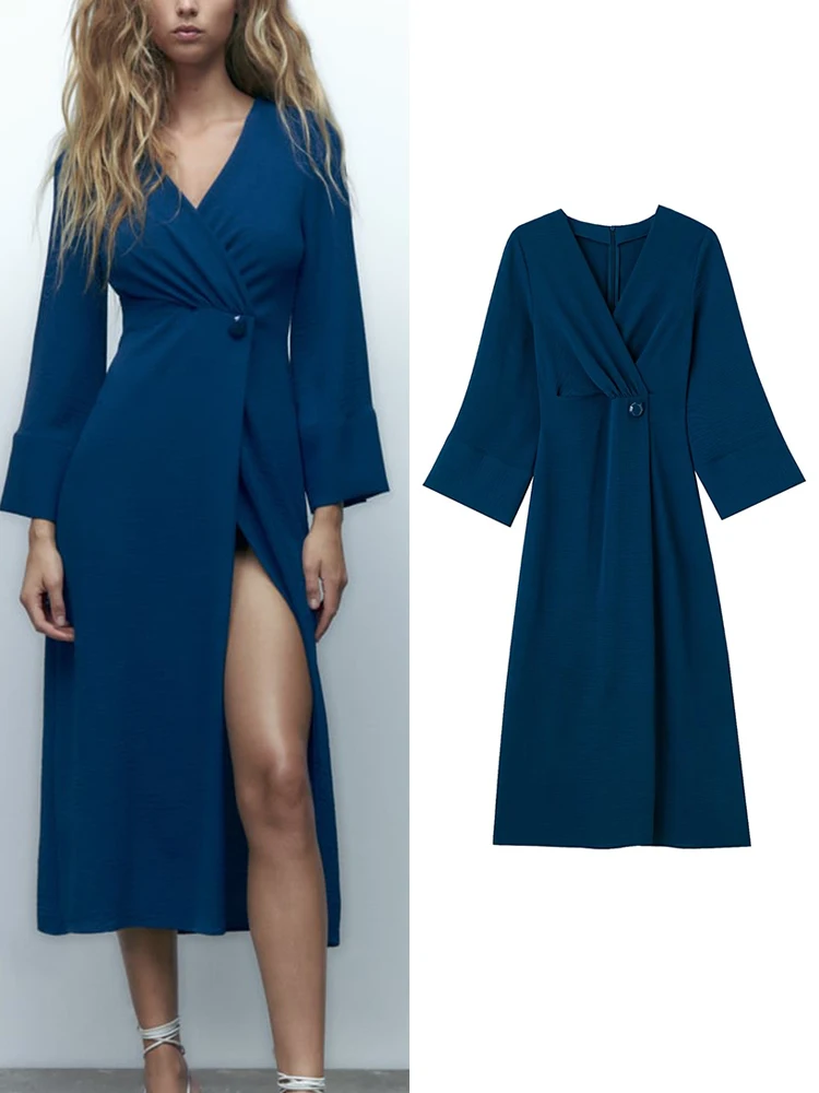 

TRAF Newest Women Elegant Dresses 2022 Vintage Deep V-Neck Female Party Mid-Calf Vestidos Long Sleeved Dresses Soft Outwear