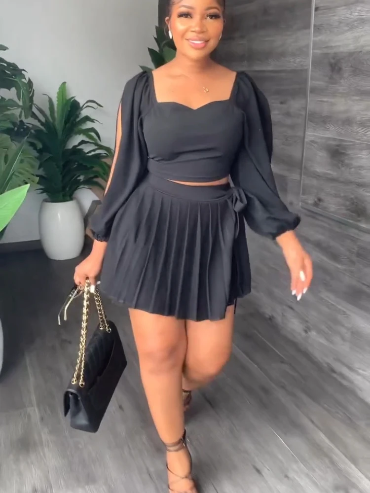 

Женский комплект из 2 предметов, блузка с асимметричным воротником и рукавами-фонариками, плиссированная юбка с разрезом, весна-лето