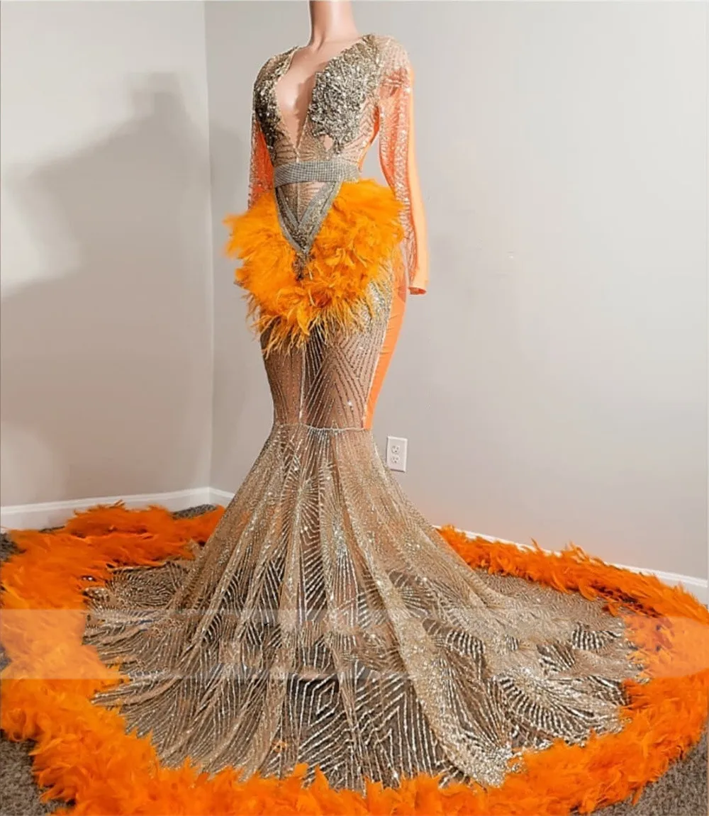 

Orange Mermaid Prom Dresses 2022 long sleeve Feathers Beading Rhinestone Illusion Aso Ebi Birthday evening Gowns Robe De Bal