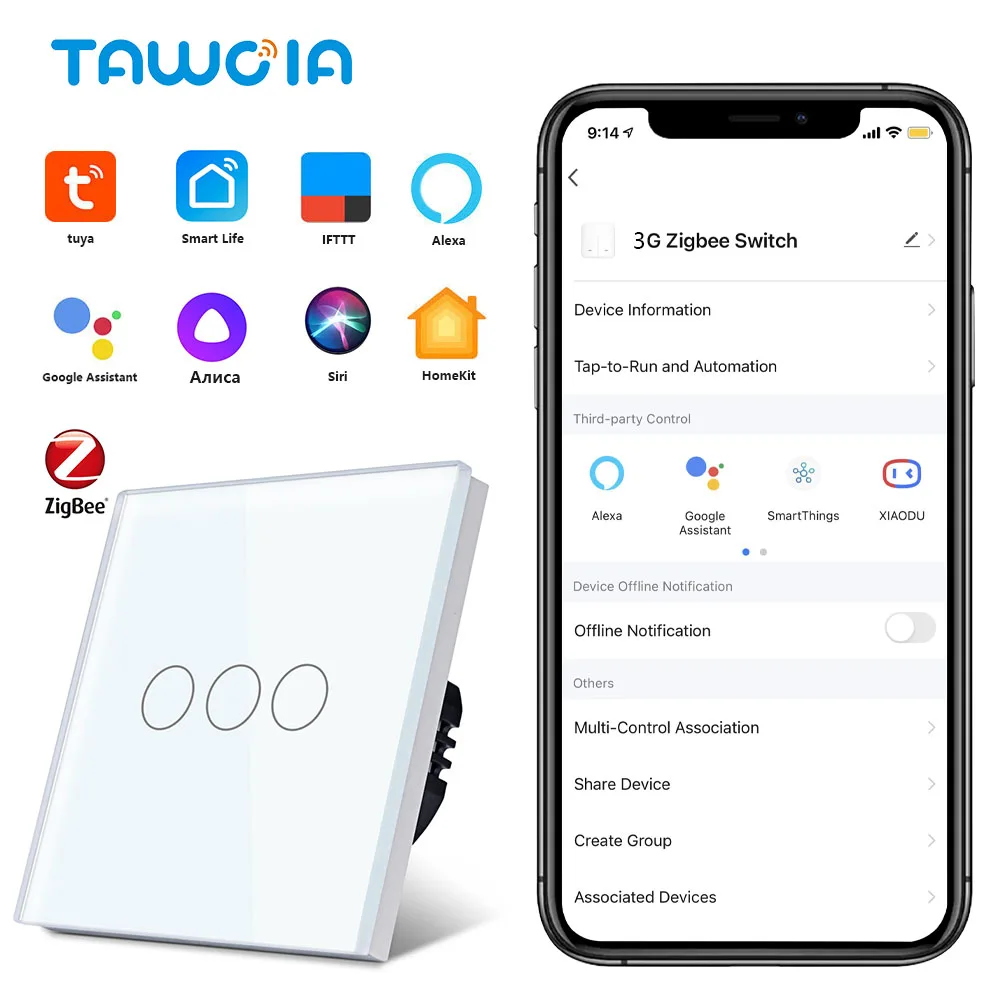 

Сенсорный выключатель Tawoia Zigbee, европейский стандарт, без нейтрального провода, стекло, работает с Alexa Google Tuya Smart Life