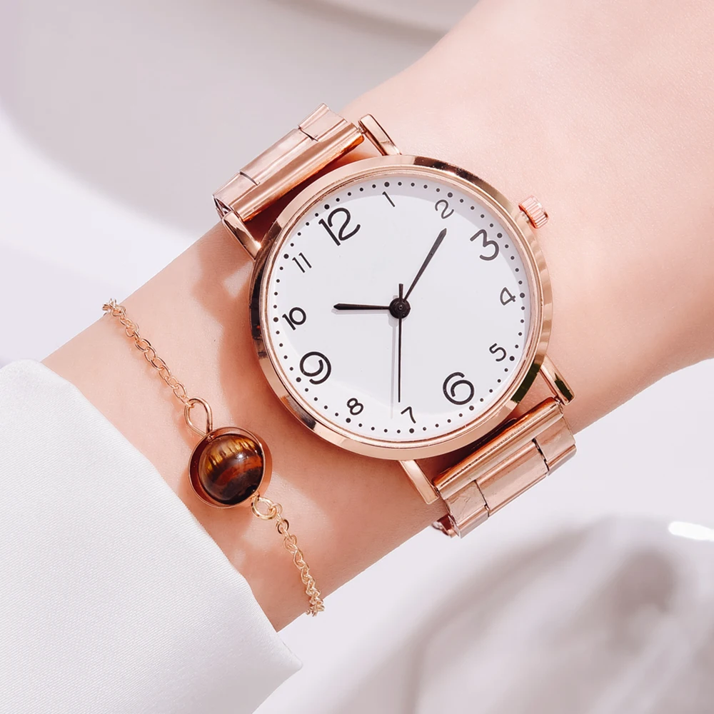 

2Pcs Set Women Bracelet Watches Set Luxury Rose Gold Band Dial Quartz Watch Ladies Fashion Wristwatches Clock Femme reloj mujer