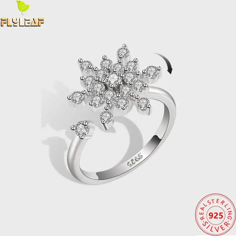 

Real 925 Sterling Silver Rotate Spiral Zircon Snowflake Open Rings For Women Luxury Platinum Plating Anti Stress Design Jewelry
