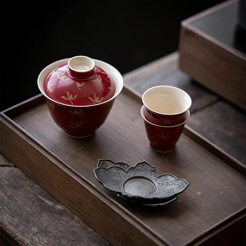 Позолоченная красная Осенняя Орхидея Gaiwan от Lang Hong позолоченная наклейка чаша