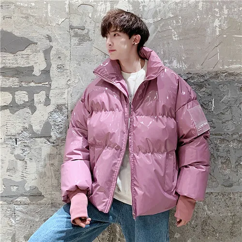 NEW Winter collar loose bright leather fabric jacket wind thick warm coat men women couple purple cotton clothing