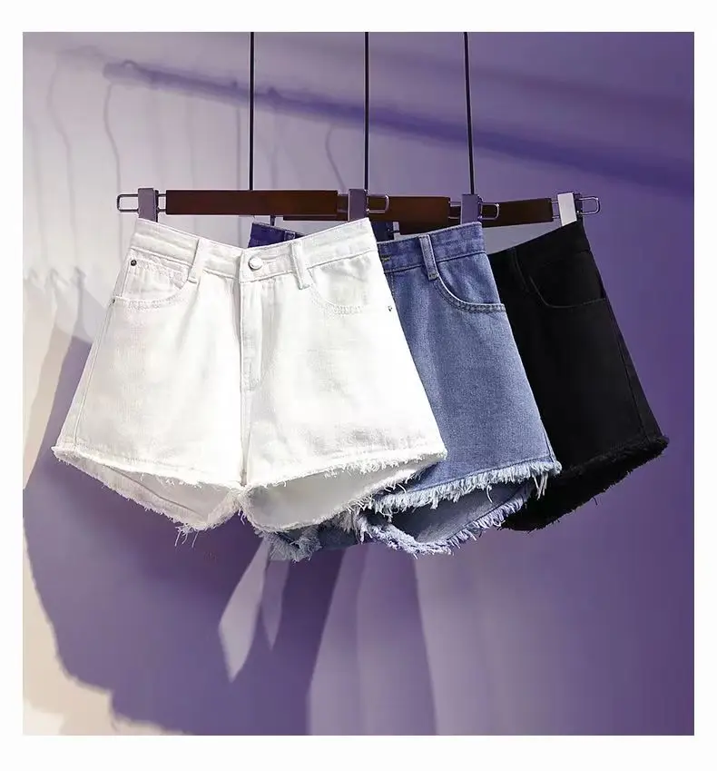 New Casual High Waist Denim Shorts Women Summer Pocket Tassel Hole Ripped Jeans Female Femme Short Pants N20