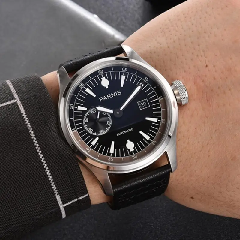 

47 мм, мужские светящиеся часы PARNIS 21 Jewels ST2555 с автоматическим самодвижением, t-образным источником энергии, деловой пилот, роскошный подарок GR182