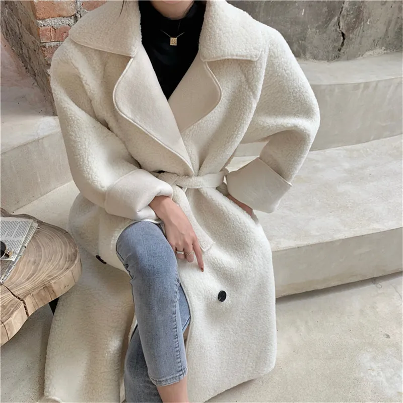 Women New Korean Style Long Slim Waist 2022 V-Neck Collar Wool Blends Coat All Match Thick Warm Parkas Winter Solid Outerwear