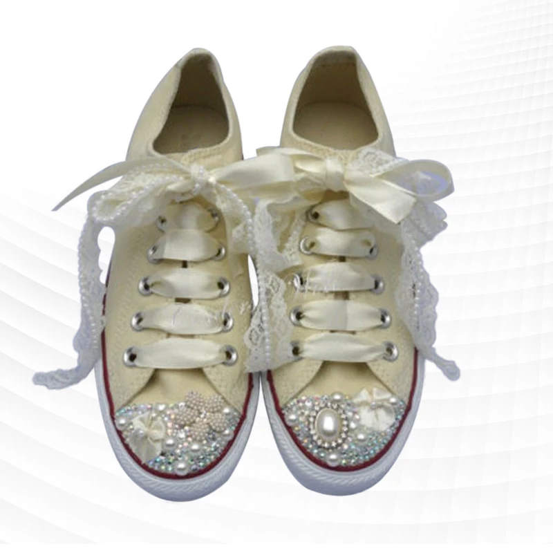 

Low-top yellow stitching pearl rhinestone canvas shoes ribbon comfortable walking handmade rhinestone vulcanized shoes 35-46