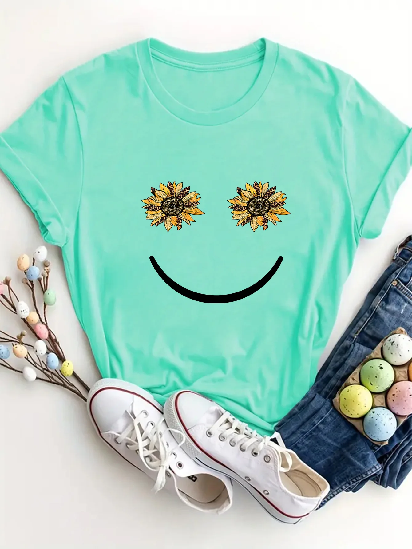 Модная женская футболка с круглым вырезом и принтом подсолнуха